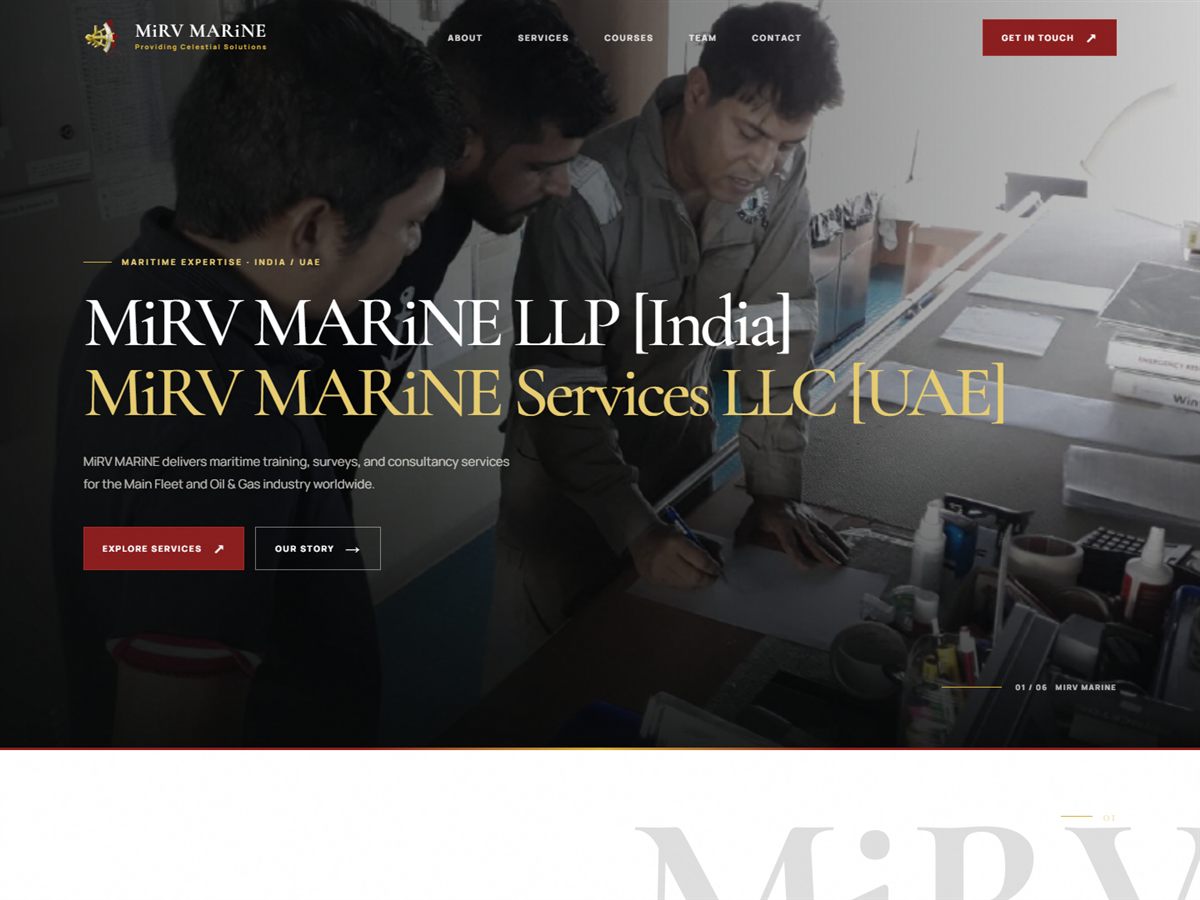 The rebuilt MiRV Marine website: a full-bleed photograph with the company name set large and left-aligned in a serif display face, above a short summary and two buttons.