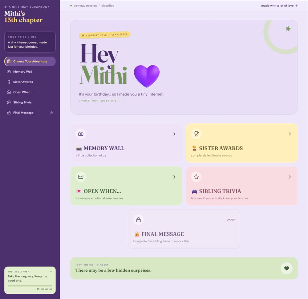 The landing page of a birthday website built for one person: a purple sidebar listing five chapters, beside a large serif greeting.