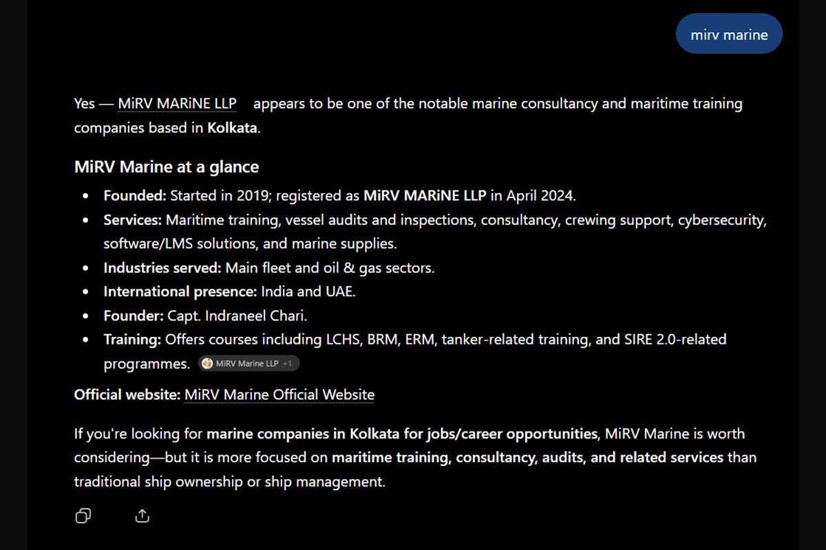 The same assistant asked about MiRV Marine now returns a structured profile: founding year, services, industries served, offices in India and the UAE, the founder's name, and the training courses offered, citing the official website.