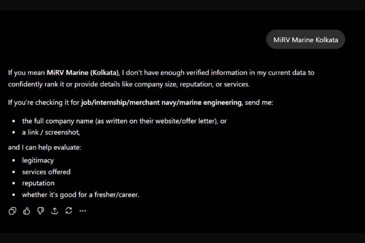 An AI assistant asked about MiRV Marine Kolkata replies that it does not have enough verified information to describe the company.