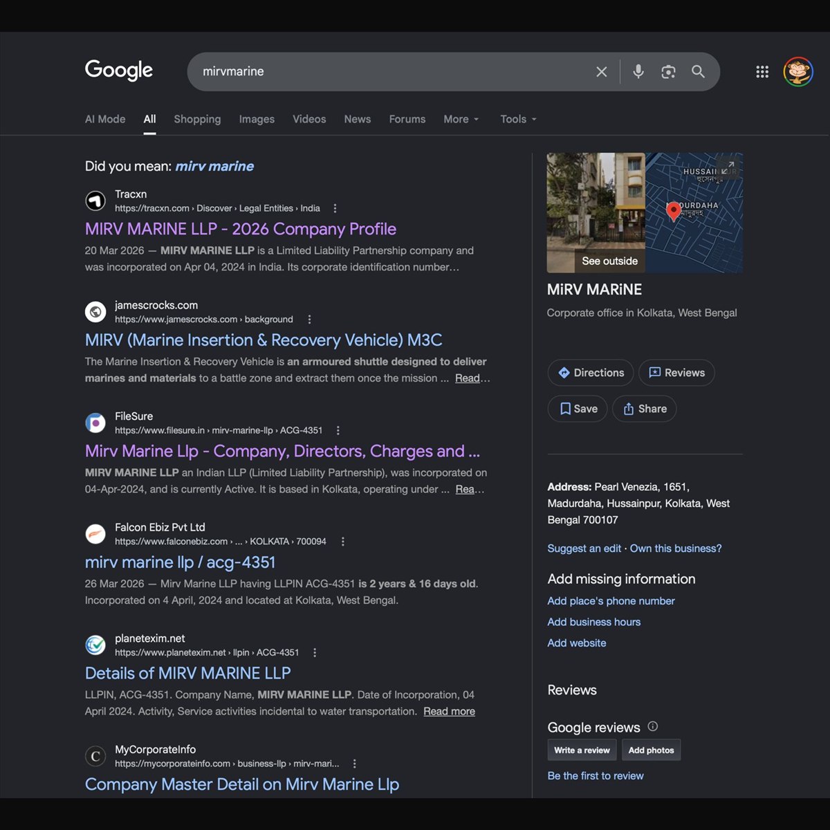 A Google results page for the query mirvmarine. Google offers the spelling correction did you mean mirv marine, and every result is a third-party company-registry listing. The business's own website does not appear.
